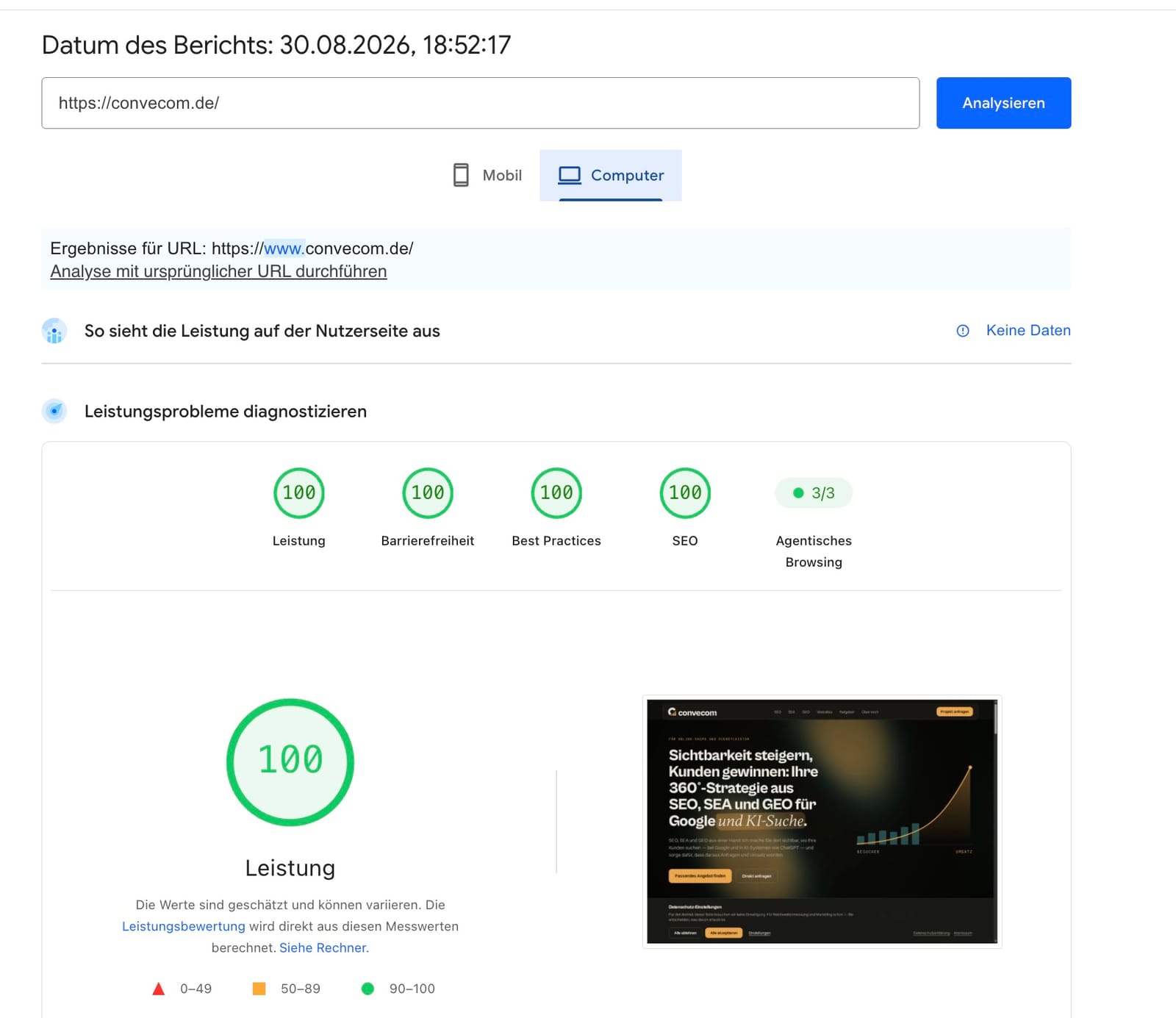 PageSpeed-Insights-Bericht für www.convecom.de vom 30. August 2026 in der Desktop-Ansicht: Für die Leistung auf der Nutzerseite liegen keine Felddaten vor; die Labormessung zeigt 100 Punkte in Leistung, Barrierefreiheit, Best Practices und SEO sowie 3 von 3 bestandenen Prüfungen bei Agentisches Browsing.