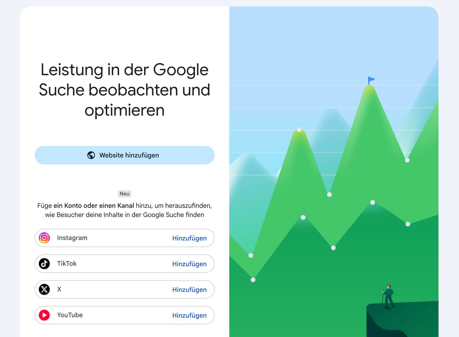 Startseite der Google Search Console mit der neuen Option, ein Konto oder einen Kanal hinzuzufügen: Neben „Website hinzufügen“ stehen Instagram, TikTok, X und YouTube jeweils mit einem Hinzufügen-Knopf bereit.